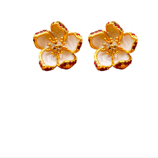 French style enamel flower high-end earrings silver needles