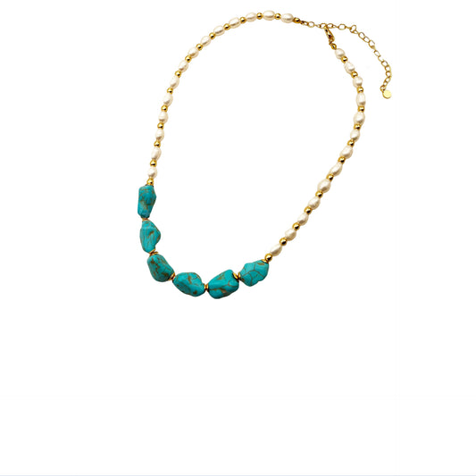 Blue Turquoise Statement Medieval Pearl 18k Gold BeatsNecklace