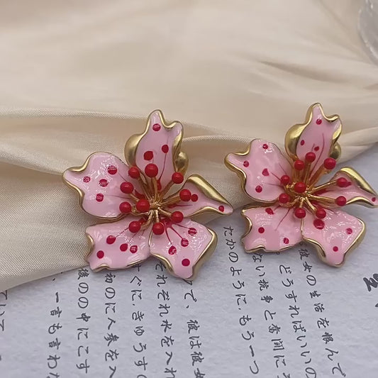 Vintage Pink Flowers Brushed Golden and Silver Pin Stud Earrings