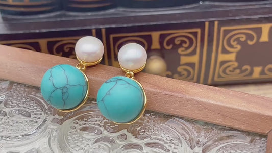 Blue Turquoise Statement Medieval Pearl Earrings S925 silver stud